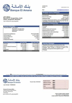 Mauritania Banque El Amana (BEA) mortgage statement Word and PDF template