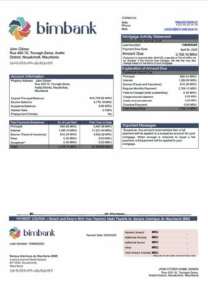 Mauritania Banque Islamique de Mauritanie (BIM) mortgage statement Word and PDF template