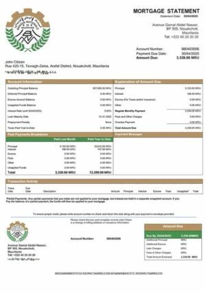 Mauritania Banque Nationale de Mauritanie (BNM) mortgage statement Word and PDF template