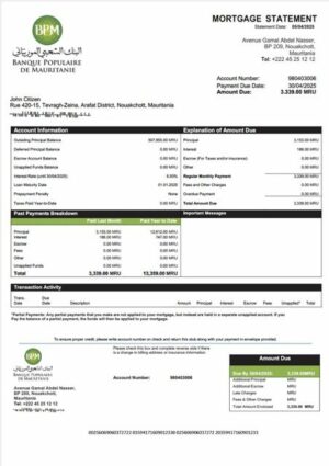 Mauritania Banque Populaire de Mauritanie (BPM) mortgage statement Word and PDF template