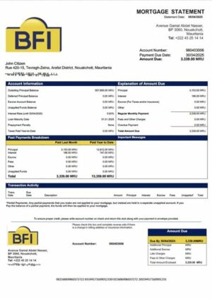 Mauritania Banque des Financements Islamiques (BFI) mortgage statement Word and PDF template