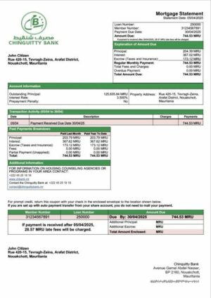 Mauritania Chinguitty Bank mortgage statement Word and PDF template