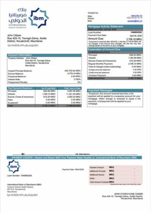 Mauritania International Bank of Mauritanie (IBM) mortgage statement Word and PDF template