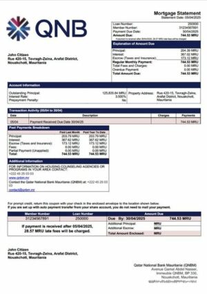Mauritania Qatar National Bank Mauritanie (QNBM) mortgage statement Word and PDF template