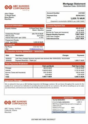 Mauritius ABC Banking Corporation Ltd mortgage statement Word and PDF template