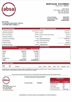 Mauritius Absa Bank mortgage statement Word and PDF template