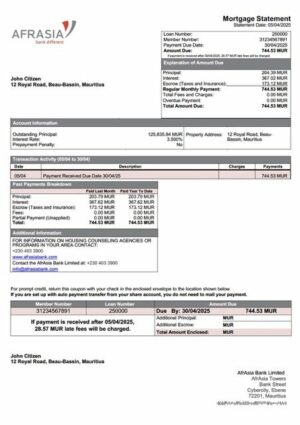 Mauritius AfrAsia Bank Limited mortgage statement Word and PDF template