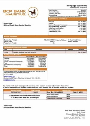 Mauritius BCP Bank (Mauritius) Limited mortgage statement Word and PDF template