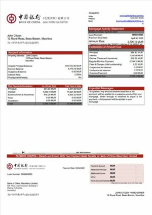 Mauritius Bank of China (Mauritius) Limited mortgage statement Word and PDF template