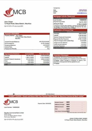 Mauritius Commercial Bank Limited mortgage statement Word and PDF template
