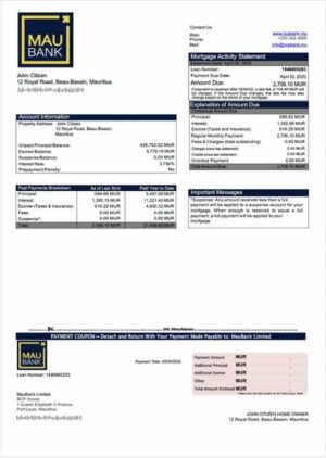 Mauritius MauBank Limited mortgage statement Word and PDF template