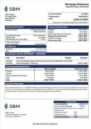 Mauritius SBM Bank (Mauritius) Limited mortgage statement Word and PDF template