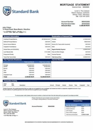 Mauritius Standard Bank (Mauritius) Limited mortgage statement Word and PDF template