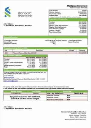 Mauritius Standard Chartered Bank (Mauritius) mortgage statement Word and PDF template