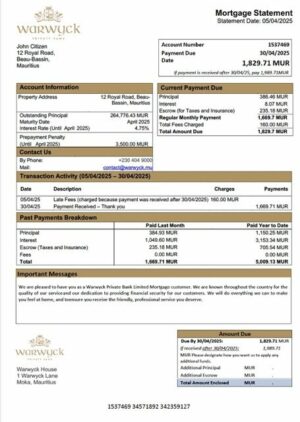 Mauritius Warwyck Private Bank Limited mortgage statement Word and PDF template
