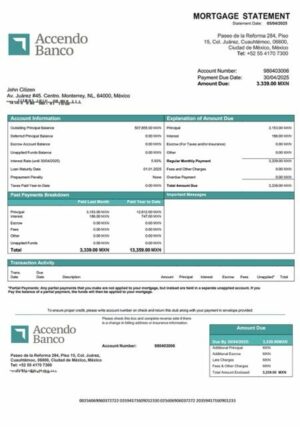 Mexico Accendo Banco mortgage statement Word and PDF template