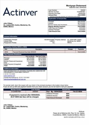 Mexico Actinver mortgage statement Word and PDF template