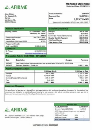 Mexico Banca Afirme mortgage statement Word and PDF template