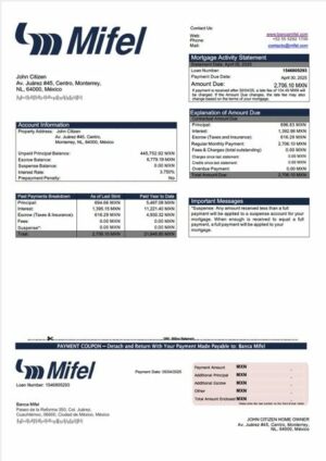 Mexico Banca Mifel mortgage statement Word and PDF template