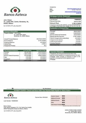 Mexico Banco Azteca mortgage statement Word and PDF template
