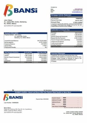 Mexico Banco Bansi mortgage statement Word and PDF template
