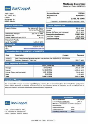 Mexico Banco Coppel mortgage statement Word and PDF template