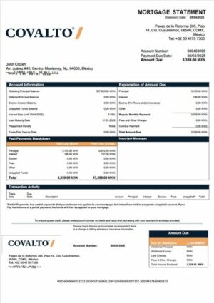Mexico Banco Covalto mortgage statement Word and PDF template