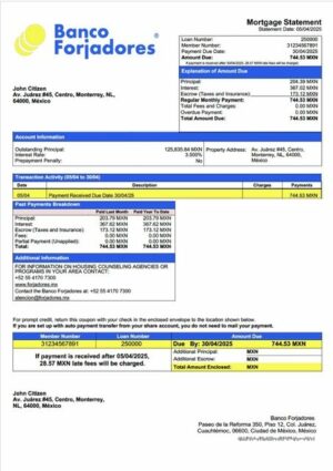 Mexico Banco Forjadores mortgage statement Word and PDF template