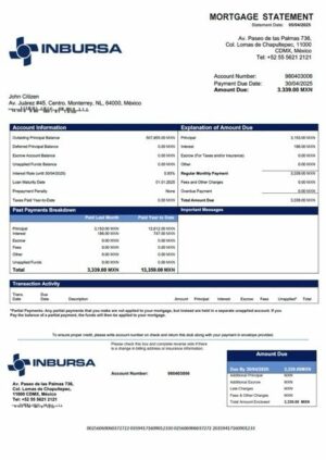 Mexico Banco Inbursa mortgage statement Word and PDF template