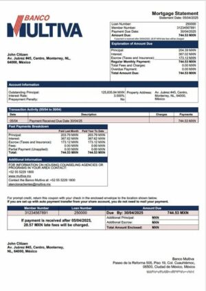 Mexico Banco Multiva mortgage statement Word and PDF template