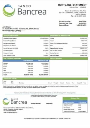Mexico Bancrea mortgage statement Word and PDF template