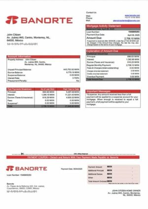 Mexico Banorte mortgage statement Word and PDF template