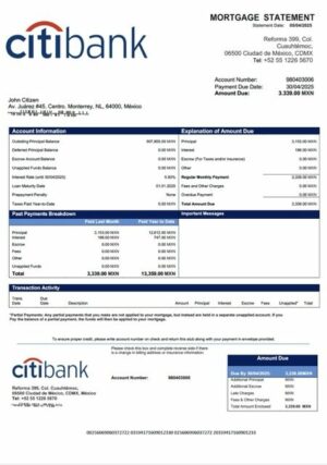 Mexico Citibank Mexico mortgage statement Word and PDF template