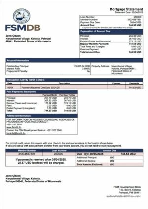 Micronesia FSM Development Bank mortgage statement Word and PDF template