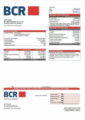 Moldova BCR Chișinău mortgage statement Word and PDF template