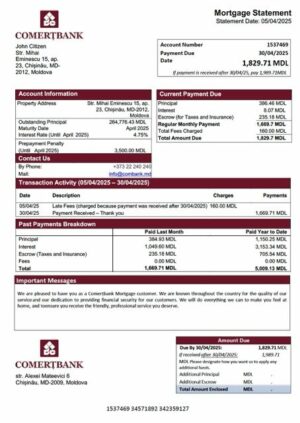 Moldova Comerțbank mortgage statement Word and PDF template