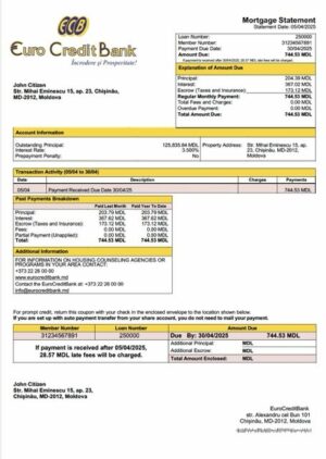 Moldova EuroCreditBank mortgage statement Word and PDF template