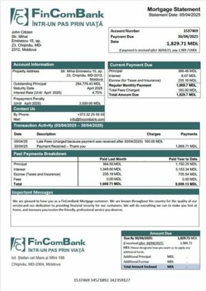 Moldova FinComBank mortgage statement Word and PDF template