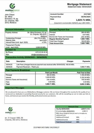Moldova MobiasBanca mortgage statement Word and PDF template