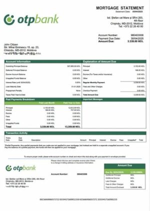 Moldova OTP Bank mortgage statement Word and PDF template