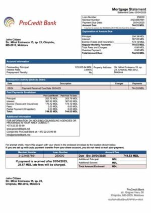 Moldova ProCredit Bank mortgage statement Word and PDF template