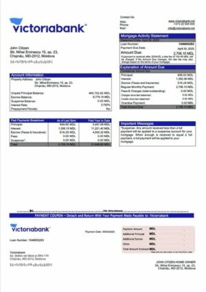 Moldova Victoriabank mortgage statement Word and PDF template