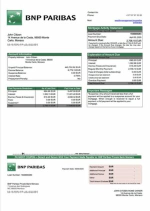 Monaco BNP Paribas Private Bank Monaco mortgage statement Word and PDF template