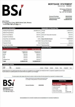 Monaco BSI Monaco mortgage statement Word and PDF template