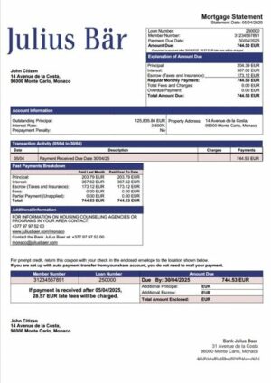 Monaco Bank Julius Baer mortgage statement Word and PDF template