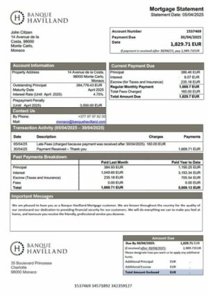 Monaco Banque Havilland mortgage statement Word and PDF template