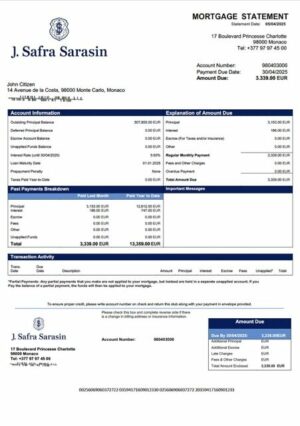 Monaco Banque J. Safra (Monaco) mortgage statement Word and PDF template