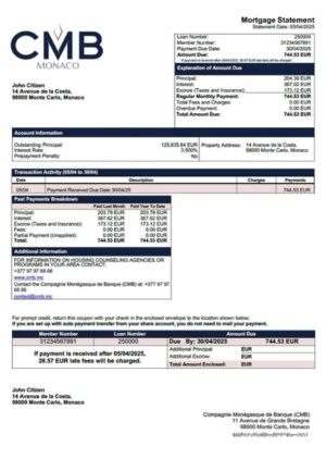 Monaco Compagnie Monégasque de Banque (CMB) mortgage statement Word and PDF template