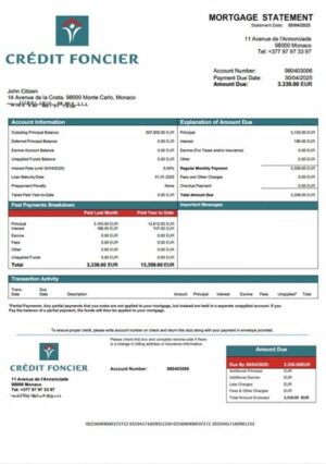 Monaco Credit Foncier de Monaco mortgage statement Word and PDF template
