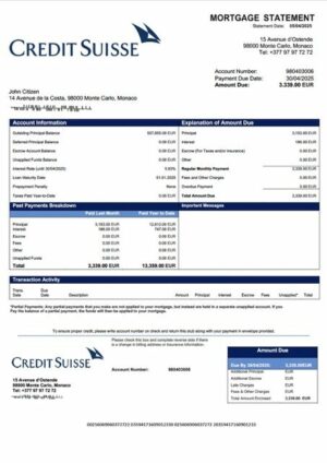 Monaco Credit Suisse (Monaco) mortgage statement Word and PDF template